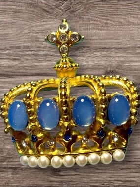 Gold Crown Brooch with Blue Cabochons and Pearl Trim